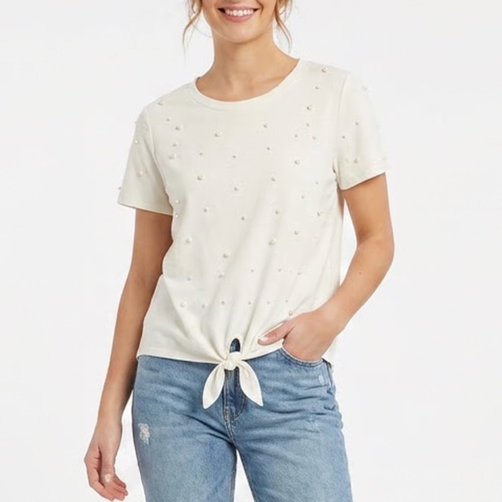 Urban Episode Cream Pearl Embellished Tie Front Short Sleeve Top XL